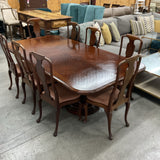 Dining Table with 2 Leaves and 8 Leather Seated Chairs