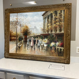 Large Street Scene Oil with Gold Frame by Gilicano