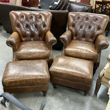 Pair of Leather Tufted Chairs with Ottomans
