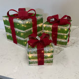 Set of 3 Burlap Lighted Gift Boxes