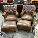 Pair of Leather Tufted Chairs with Ottomans