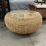 Round Woven Cocktail Table with Glass Top