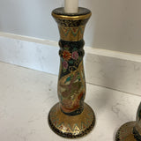 Pair of Hand Painted Oriental Candleholders with Taper Candles