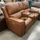 Flexsteel Leather Power Reclining Loveseat with Headrest and Lumbar Adjustment