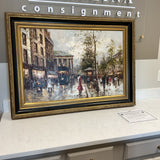 Street Scene Oil with Gold & Black Frame by T. Martin