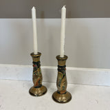 Pair of Hand Painted Oriental Candleholders with Taper Candles