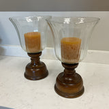 Pair of Hurricane Globe Teak Wood Candleholders (R)