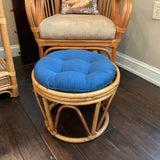 Round Rattan Ottoman w/Blue Cushion