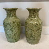 Pair of Glazed Green Leaf Vases